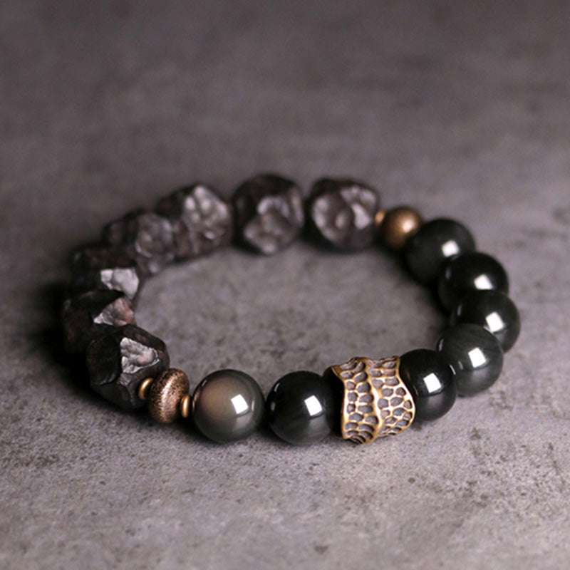 Buddha Stones黒曜石 黒檀 木 銅 強さ カップル ブレスレット
