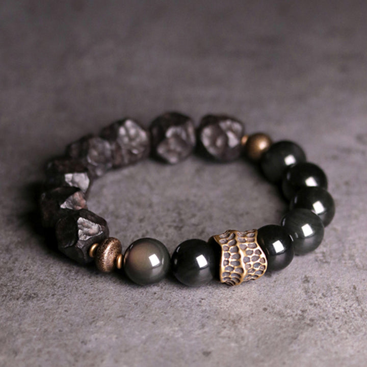 Buddha Stones黒曜石 黒檀 木 銅 強さ カップル ブレスレット