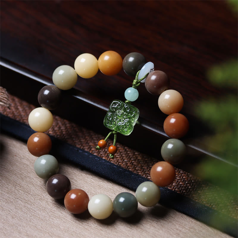 Buddha Stones天然 マルチカラー グラデーション 菩提樹 瑠璃ガラス チャーム 平和ブレスレット