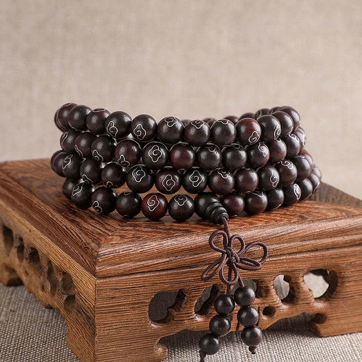 Buddha Stones925 スターリングシルバー 象嵌小葉 赤白檀Om Mani Padme Humキャラクター 縁起の良い雲 保護ブレスレット