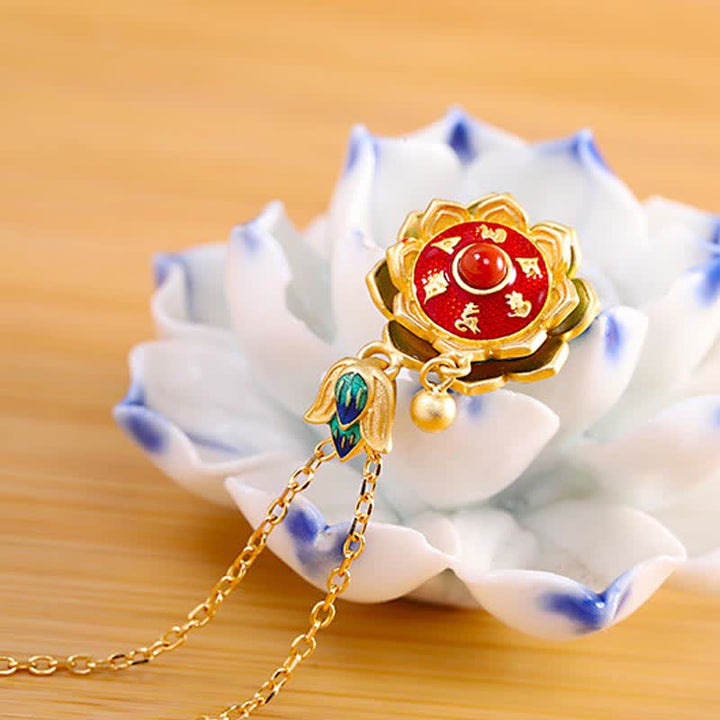 925スターリングシルバー チベット ロータス祈祷ホイール赤瑪瑙 悟りのネックレスペンダント - image 2