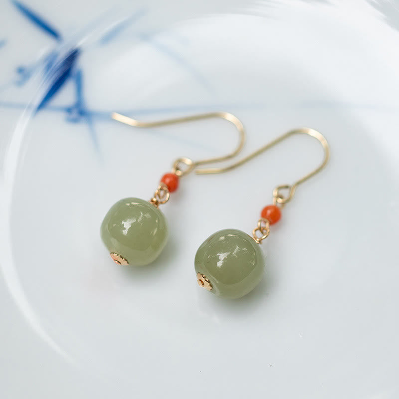 Buddha Stones 925スターリングシルバーメッキ 14Kゴールド 和田翡翠 赤瑪瑙 幸運の雫 ダングルイヤリング - image 2