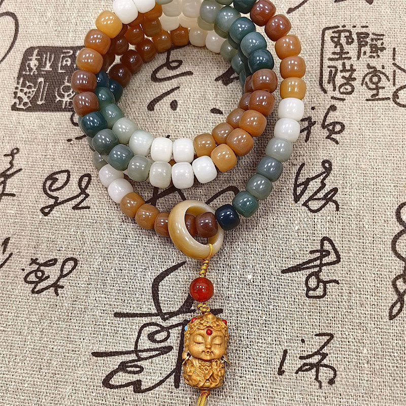 Buddha Stones 108Malaビーズ グラデーション 菩提樹 グリーン ターラ仏 彫刻 平和 ハーモニー ブレスレット