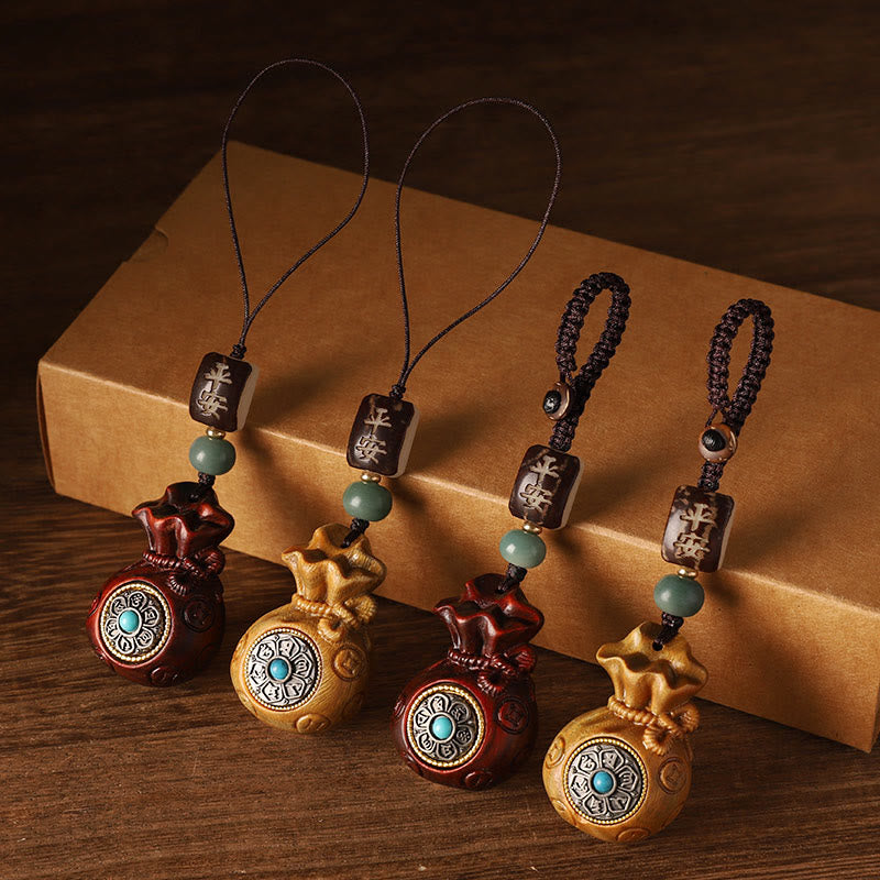 Buddha Stones小葉紫檀緑白檀 マネーバッグオーム・マニ・パドメ・フム回転式保護吊り下げ装飾 - image 2