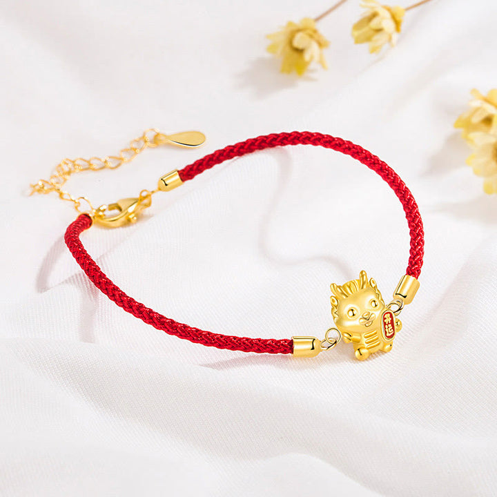 Buddha Stones925スターリングシルバー 龍年 幸運の金龍 強さ レッドロープチェーンブレスレット