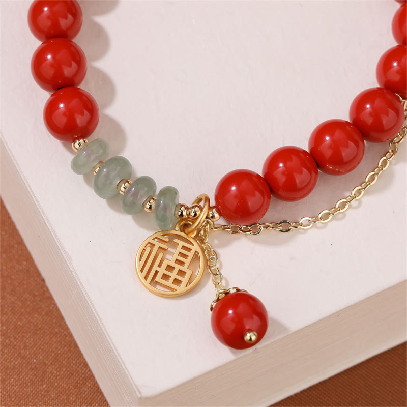 Buddha Stones辰砂 縁起の良い福の字 翡翠 落ち着いたブレスレット