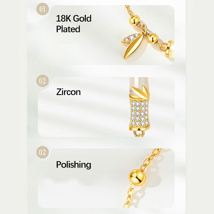 Buddha Stones 925スターリングシルバー 18Kゴールドメッキ ホワイトジェイド 竹 ジルコン リーフ幸運ブレスレット - image 7