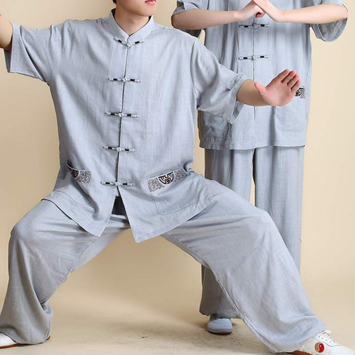Buddha Stones瞑想禅祈りスピリチュアル太極拳気功練習ユニセックス刺繍服セット - 半袖グレー刺繍 - US12、 UK/AU16、 EU44 (2XL) - image 28