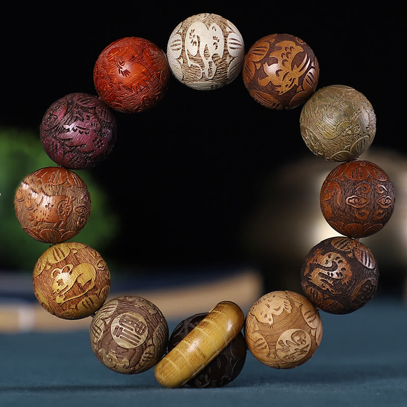 Buddha Stones、十二支、ローズウッド、緑檀、黒檀、銅貨彫刻、落ち着いたブレスレット - 12星座 - image 0