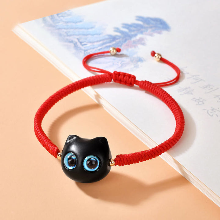 Buddha Stones、黒檀、猫の頭の模様、平和、キングコングの結び目、編み込みブレスレット - 赤いロープ（手首周り14～18cm） - image 9