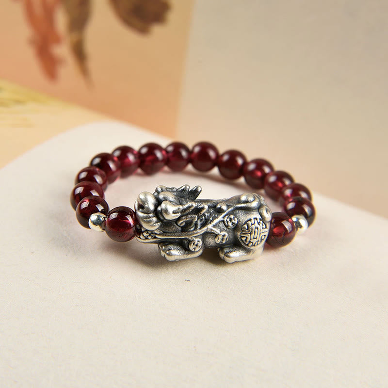 Buddha Stones 925スターリングシルバー 天然ガーネット ムーンストーン レッドアゲート 貔貅 富の指輪