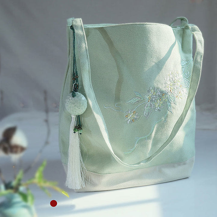 Buddha Stones鶴 梅 刺繍 キャンバス 大容量 ショルダーバッグ トートバッグ