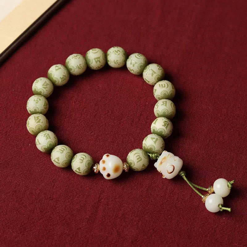 Buddha Stonesグリーン菩提樹の種 猫の足跡 オム・オーム・マニ・パドメ・フム刻印入り 知恵のブレスレット - image 2