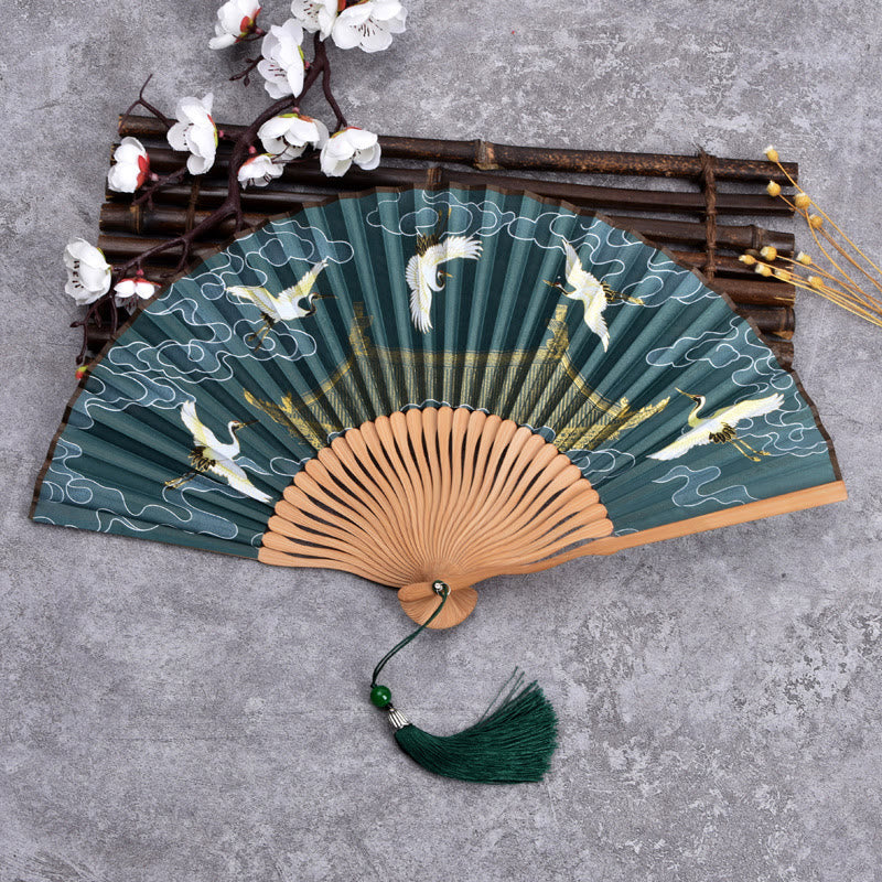 Buddha Stonesヴィンテージ雲鶴柄手持ち竹扇子
