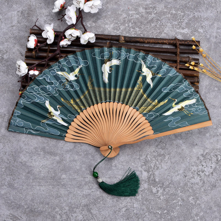 Buddha Stonesヴィンテージ雲鶴柄手持ち竹扇子