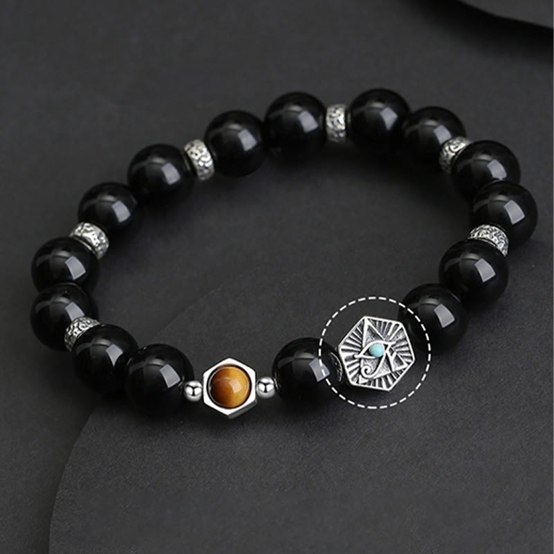 Buddha Stones925 スターリングシルバー ブラックオブシディアン タイガーアイ プロビデンスの目 浄化ブレスレット