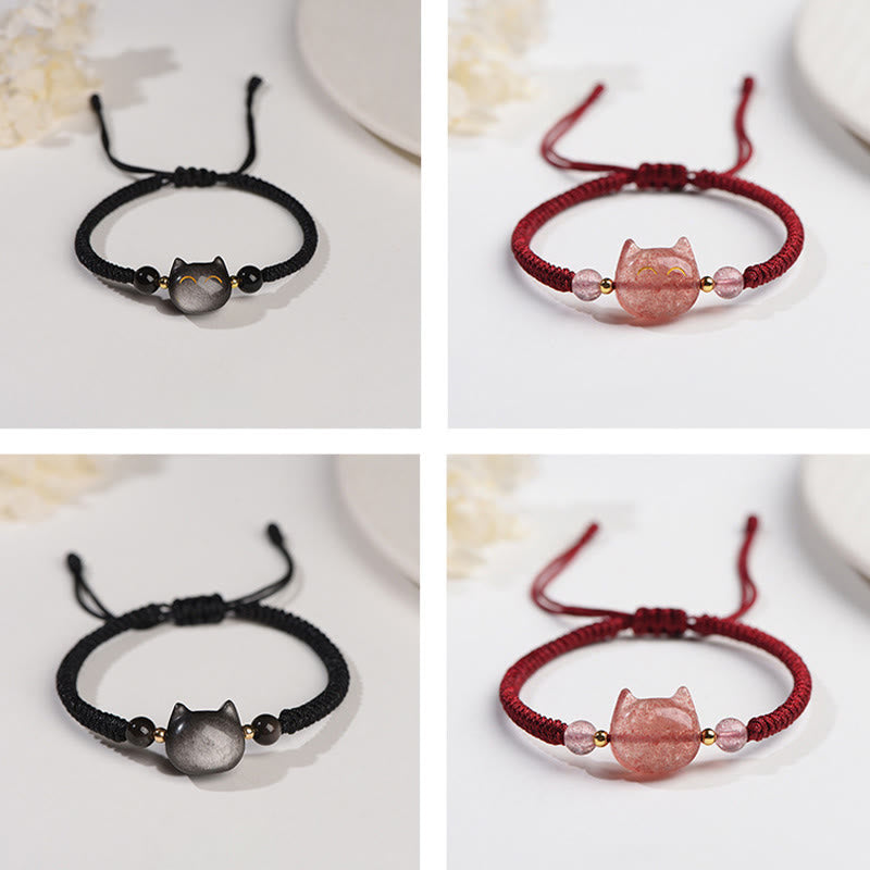 Buddha Stonesハンドメイド 天然銀光沢黒曜石 ストロベリークォーツ かわいい猫のお守り編み込みブレスレット - image 14