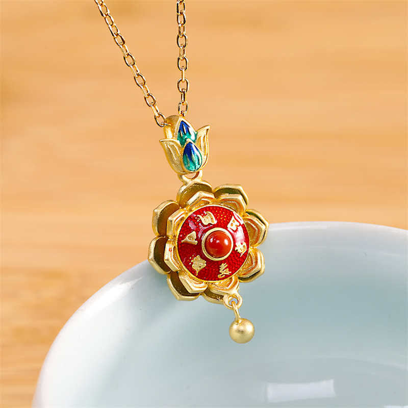 925スターリングシルバー チベット ロータス祈祷ホイール赤瑪瑙 悟りのネックレスペンダント - ネックレス - image 1