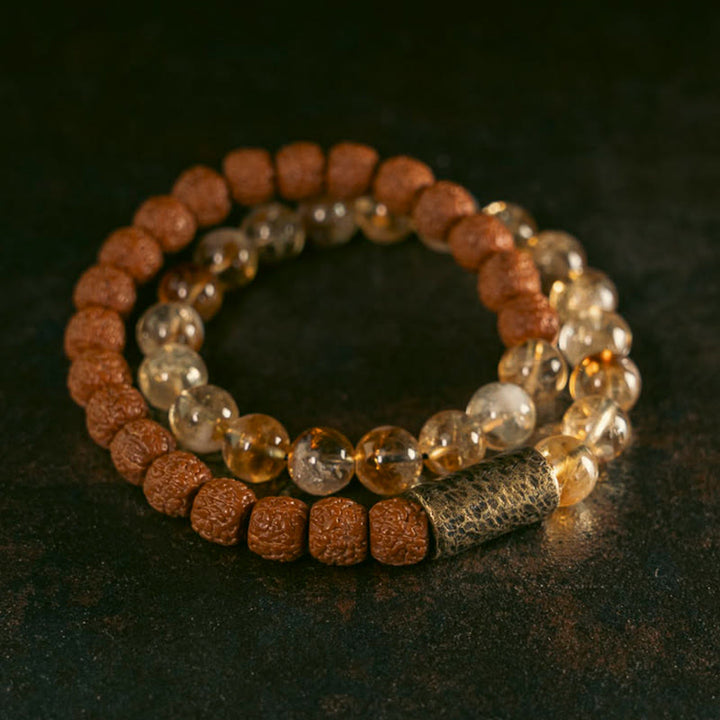 Buddha Stones天然シトリンクリスタル ルドラークシャ 菩提樹シード 真鍮ビーズ 繁栄 ダブルラップブレスレット