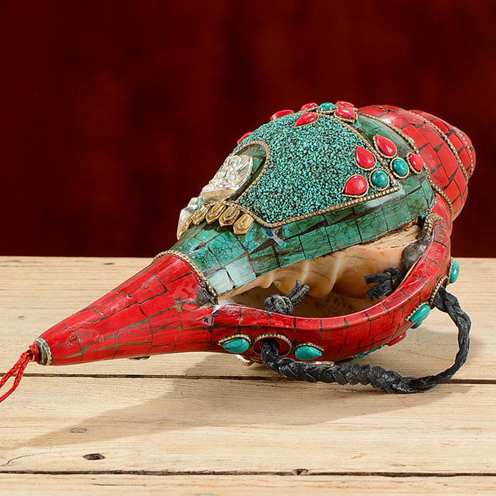 チベット手作り Shankha オーム・マニ・パドメ・フム Buddha Avalokitesvara ターコイズ コンクシェル ポジティブ装飾 - image 3