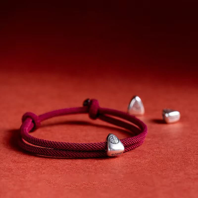 Buddha Stones925 スターリングシルバー 福文字 祝福 ハンドメイド 編み込みブレスレット - 濃い赤 - image 0