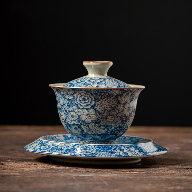 Buddha Stonesヴィンテージ青と白の磁器桃の花蓮牡丹セラミック蓋碗三彩ティーカップカンフーティーカップとソーサー蓋付き - 10cm×11cm×160ml（ソーサー15.3cm） - image 10