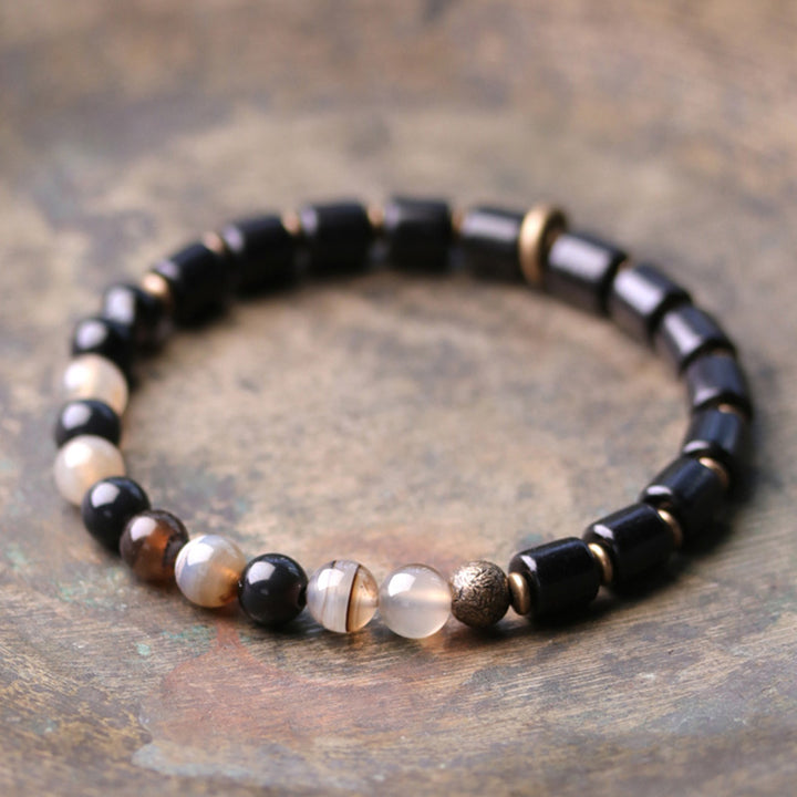 Buddha Stones、黒檀、赤ジャスパー、苔瑪瑙、水晶、銅、平和のカップルブレスレット
