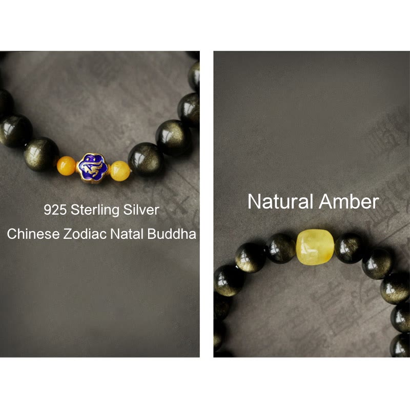 Buddha Stones925 スターリングシルバー十二支誕生仏天然金光沢 黒曜石 琥珀 富の守護ブレスレット