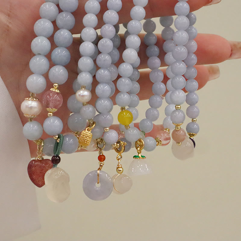 Buddha Stones天然アクアマリン カルセドニー セレニティ ウサギ ひょうたん 猫 チャームブレスレット - image 13