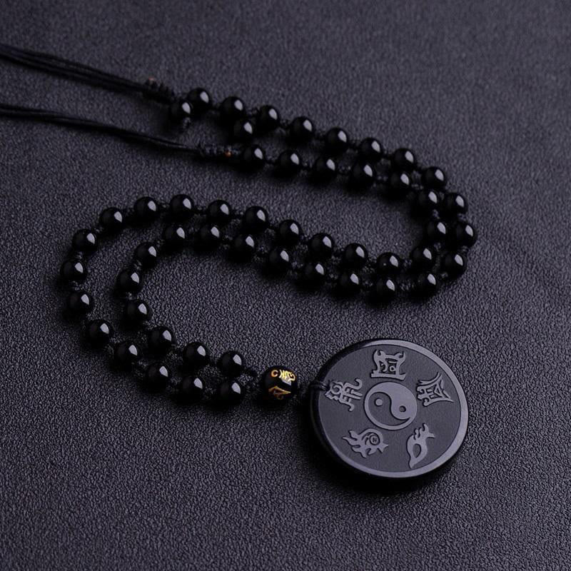 Buddha Stones天然黒曜石 道教 五大聖山 九字真言 彫刻 強さ 陰陽 ネックレス ペンダント キーチェーン - ブラックオブシディアン＆ビーズチェーン - image 5