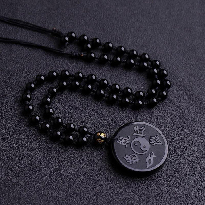 Buddha Stones天然黒曜石 道教 五大聖山 九字真言 彫刻 強さ 陰陽 ネックレス ペンダント キーチェーン - ブラックオブシディアン＆ビーズチェーン - image 5