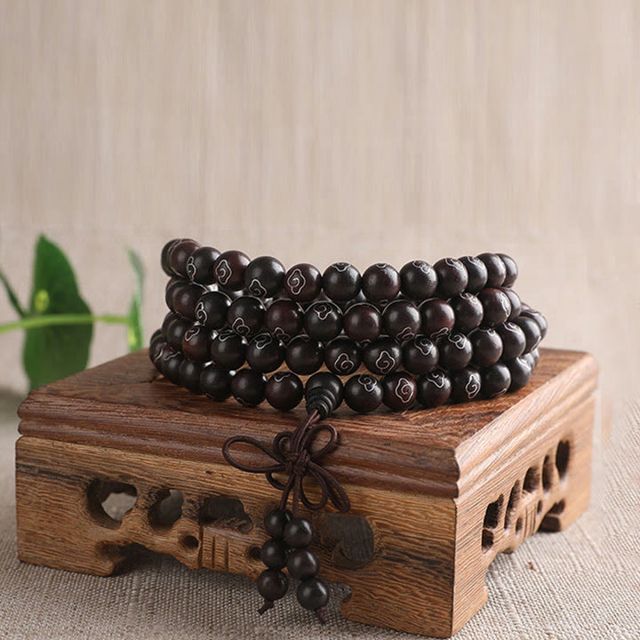 Buddha Stones925 スターリングシルバー 象嵌小葉 赤白檀Om Mani Padme Humキャラクター 縁起の良い雲 保護ブレスレット