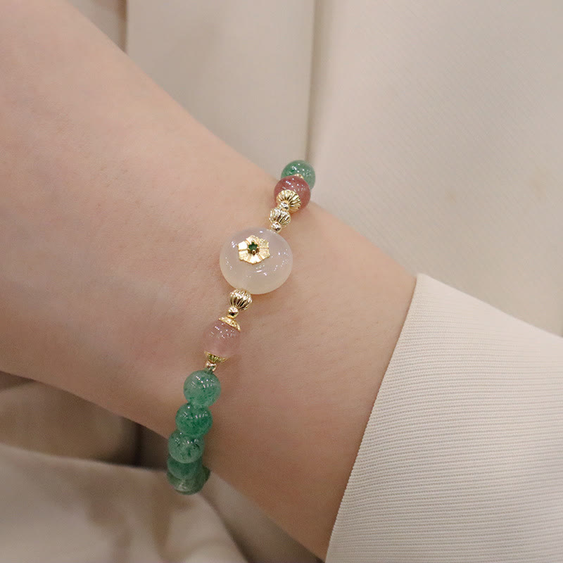 Buddha Stones天然グリーンストロベリークォーツ カルセドニーフラワー 感謝ブレスレット