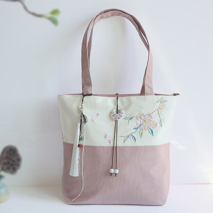 梨花 梅 桃の花 竹刺繍 キャンバス 大容量 ショルダーバッグ トートバッグ