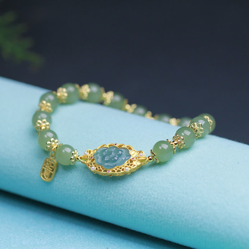 Buddha Stones 925スターリングシルバーメッキ 14Kゴールド 和田翡翠 蓮華幸運ブレスレット - image 1