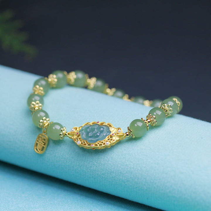 Buddha Stones 925スターリングシルバーメッキ 14Kゴールド 和田翡翠 蓮華幸運ブレスレット - image 1