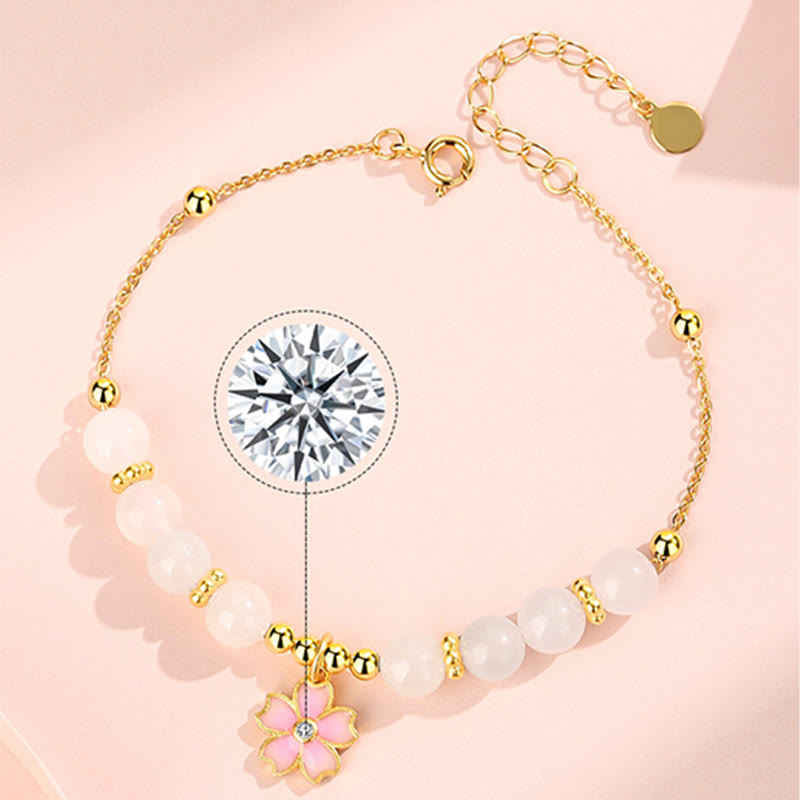 Buddha Stones 925スターリングシルバー 和田産白翡翠 桜守護ブレスレット