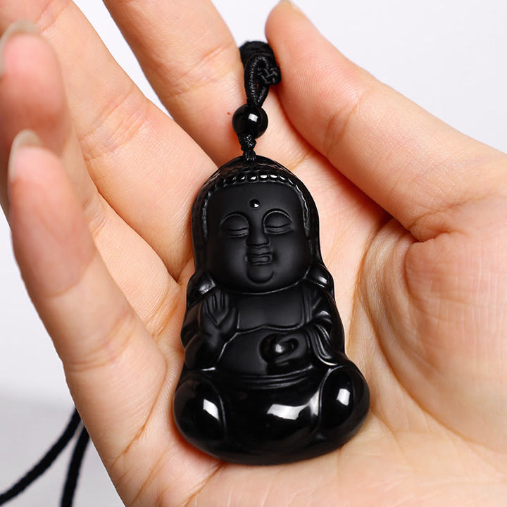Buddha Stones天然黒曜石 水晶 仏陀の強さ 守護 お守り 幸運のお守り ペンダントネックレス - image 5