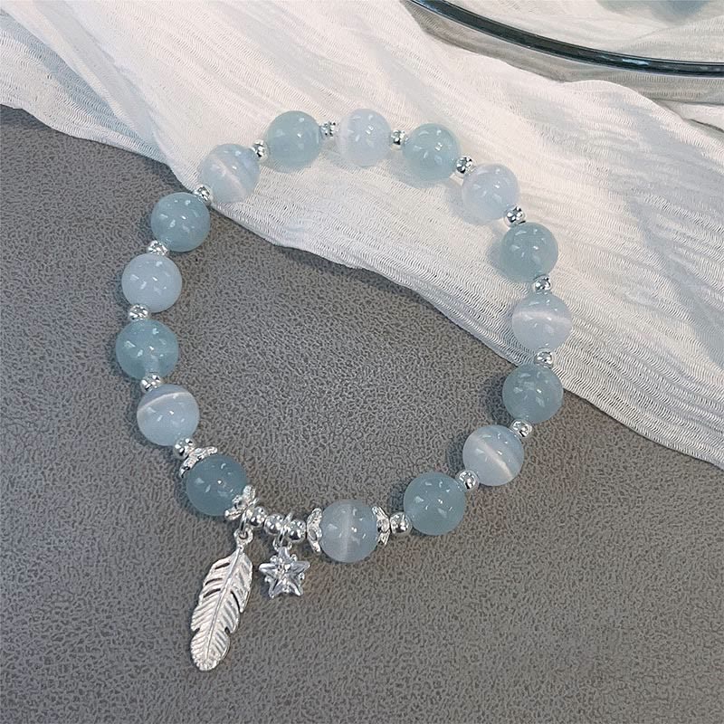 Buddha Stones 925スターリングシルバー アクアマリン キャッツアイ ヒーリングフェザースターチャームブレスレット - image 1