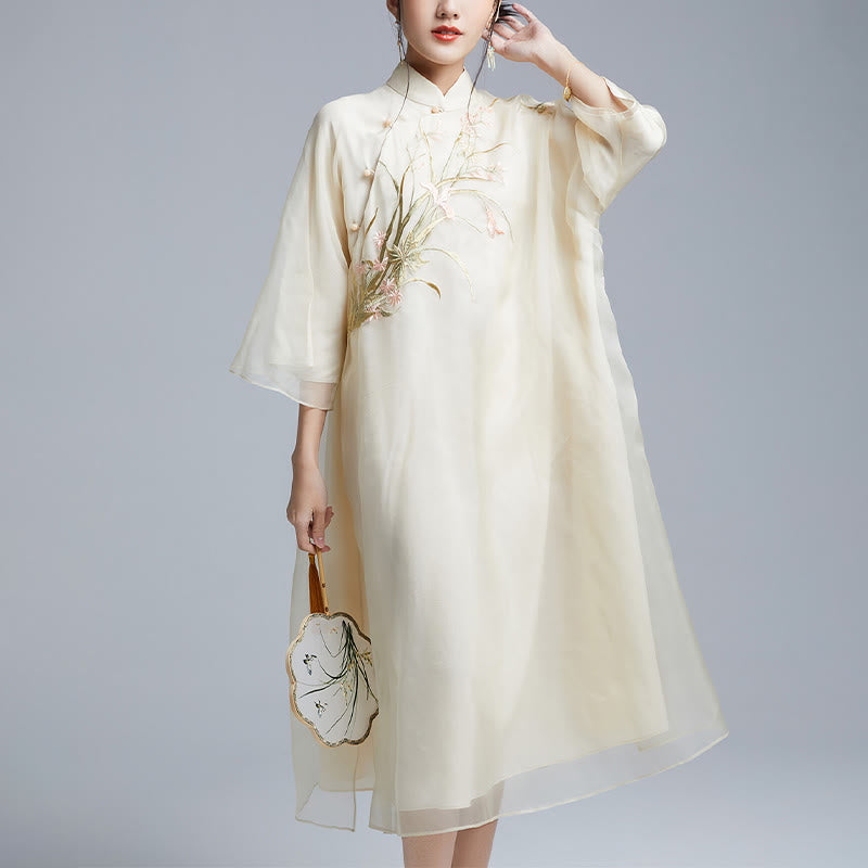 Buddha Stones 100% マルベリーシルク 6匁 ドレス ヴィンテージ フラワー バタフライ 刺繍 チーパオ ドレス レディース チャイナドレス - image 2