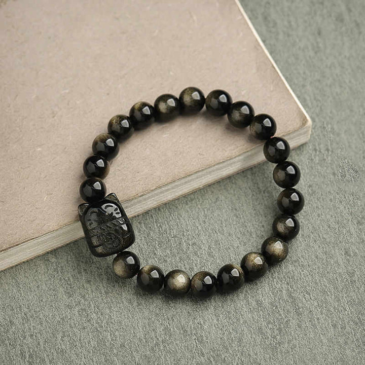 Buddha Stones金色光沢黒曜石 銀色光沢黒曜石 愛らしい足跡 招き猫守護ブレスレット - ゴールドシーンオブシディアン - 招き猫 - 8mm - image 23