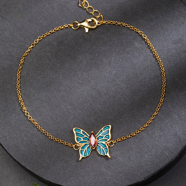 Buddha Stones925スターリングシルバー バタフライジルコン ラブチェーンブレスレット - image 1