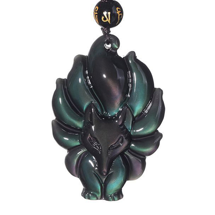 Buddha Stones天然レインボーオブシディアン ゴールドシーンオブシディアン 九尾狐 ポジティブネックレスペンダント