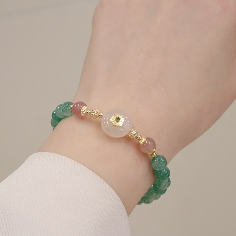 Buddha Stones天然グリーンストロベリークォーツ カルセドニーフラワー 感謝ブレスレット