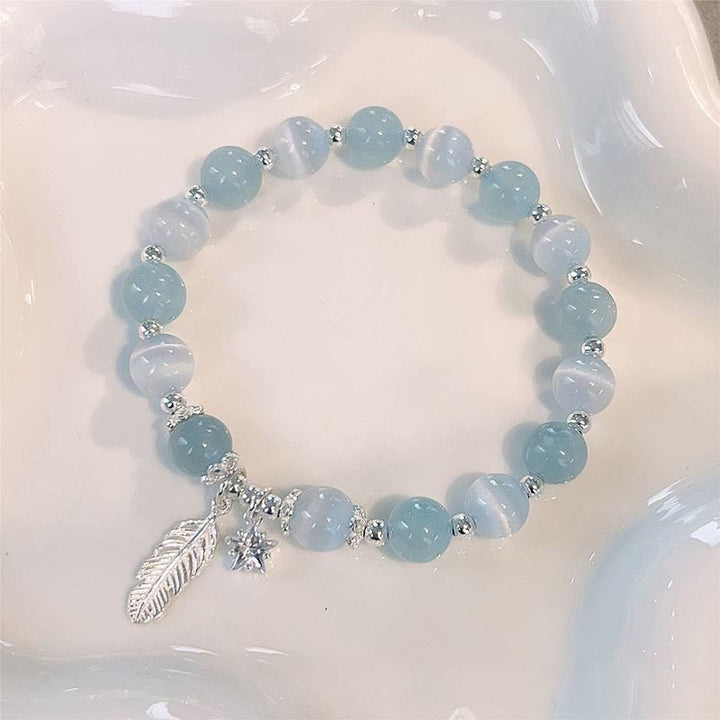 Buddha Stones 925スターリングシルバー アクアマリン キャッツアイ ヒーリングフェザースターチャームブレスレット