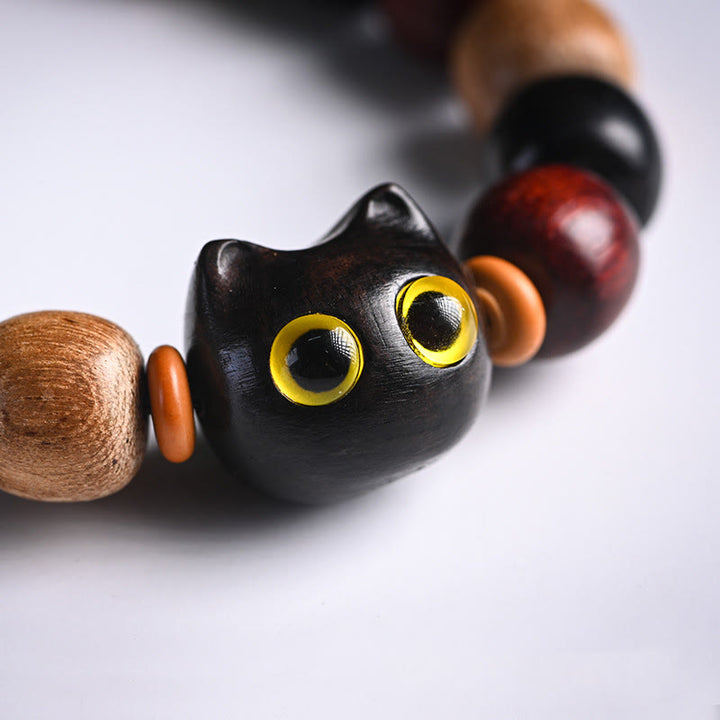 Buddha Stones小葉 紫檀 黒檀 かわいい猫 彫刻 守護ブレスレット