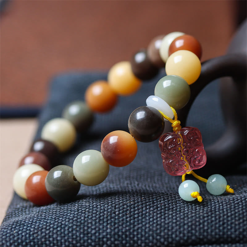 Buddha Stones天然 マルチカラー グラデーション 菩提樹 瑠璃ガラス チャーム 平和ブレスレット