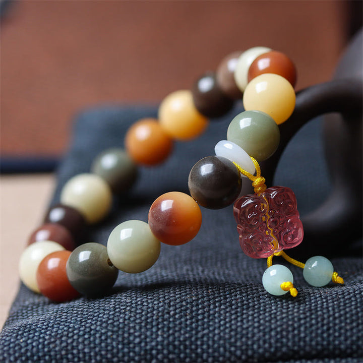 Buddha Stones天然 マルチカラー グラデーション 菩提樹 瑠璃ガラス チャーム 平和ブレスレット