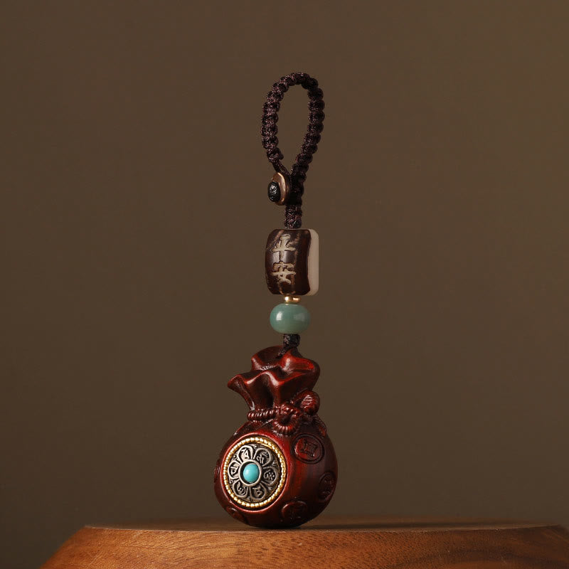 Buddha Stones小葉紫檀緑白檀 マネーバッグオーム・マニ・パドメ・フム回転式保護吊り下げ装飾 - 小葉紫檀（邪気を払う♥守護） - キーホルダー - image 0