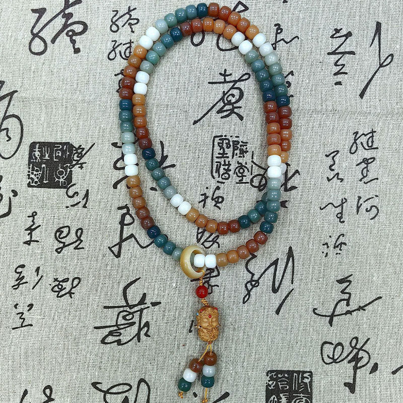 Buddha Stones 108Malaビーズ グラデーション 菩提樹 グリーン ターラ仏 彫刻 平和 ハーモニー ブレスレット